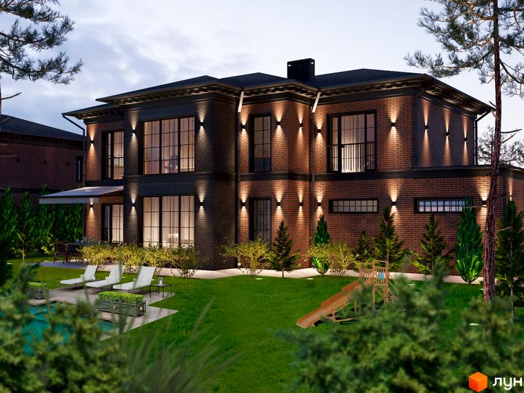 Двоповерховий будинок з цегляним фасадом та панорамними вікнами в Котеджному містечку LakeWood 2. На території є басейн, шезлонги, дитячий майданчик та зелена галявина.