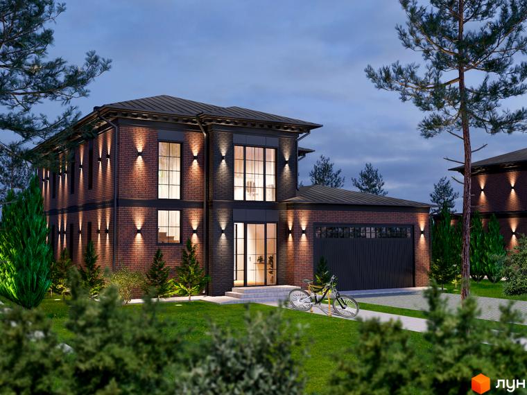 Зображення будинку в Котеджному містечку LakeWood 2 з цегляним фасадом, великими вікнами та підсвічуванням. На передньому плані - зелена трава та дерева, додаючи затишку.