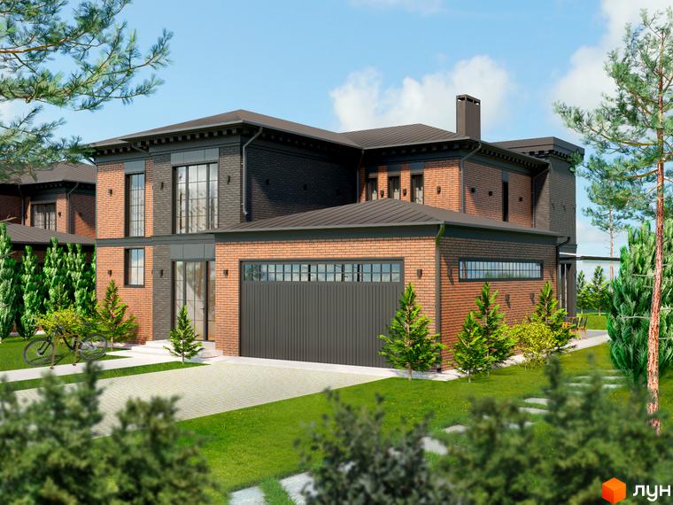 Котеджне містечко КМ LakeWood 2. Зовнішній вигляд двоповерхового будинку з цегляним фасадом та гаражними воротами, прибудинкова територія з деревами та велосипедом.