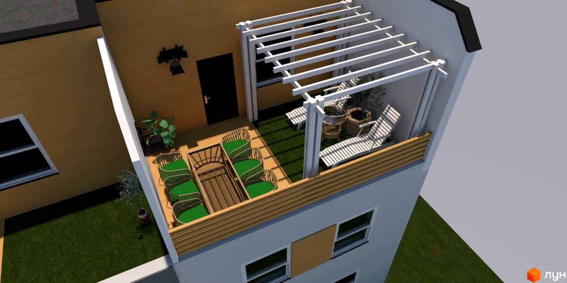 Клубний будинок „Софія“ з терасою та зоною відпочинку. Зовнішній вигляд новобудови та прибудинкова територія з газоном та меблями.