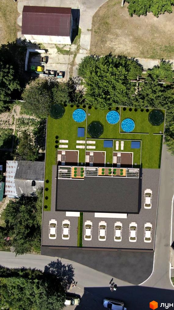 Клубний будинок „Софія“ з басейнами та зонами відпочинку на даху. На території комплексу розташовані паркувальні місця та зелені насадження.