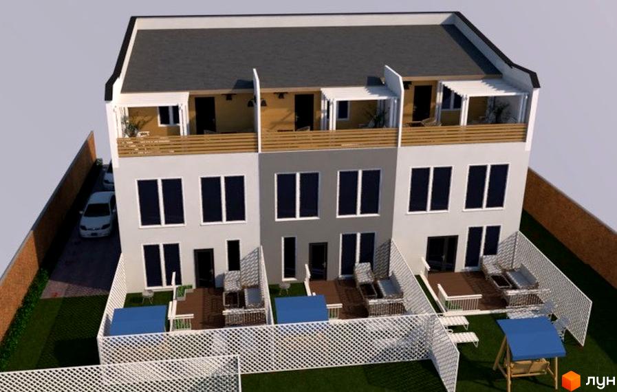 Зовнішній вигляд клубного будинку „Софія“ з терасами та приватними двориками. На прибудинковій території розташовані зони відпочинку, басейни та дитячий майданчик.