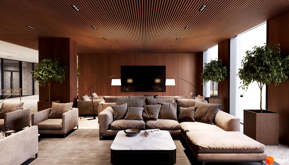 Інтер'єр квартири в ЖК MANHATTAN з великою кількістю м'яких меблів, рослинами та телевізором на стіні. Стеля з дерев'яними панелями, великі вікна.