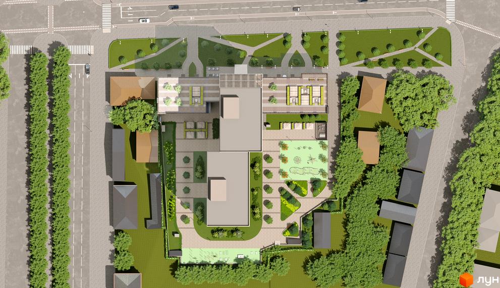 Аерофотозйомка житлового комплексу MANHATTAN з багатоповерховими будівлями та зеленою прибудинковою територією з дитячим майданчиком та зонами відпочинку.