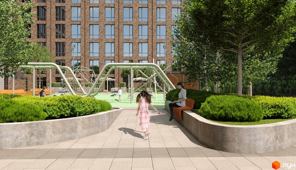 Житловий комплекс MANHATTAN: цегляна багатоповерхівка з великими вікнами та облаштований дитячий майданчик з зеленими зонами.