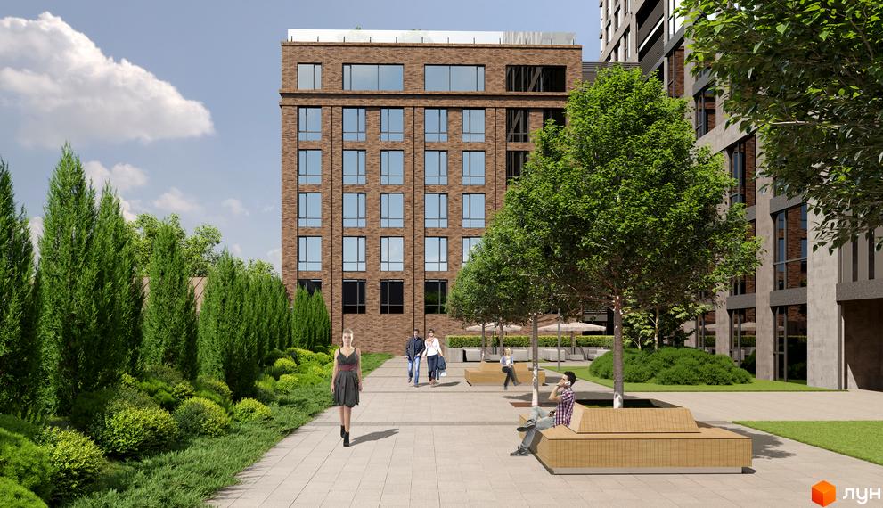 Житловий комплекс MANHATTAN: цегляний будинок з великими вікнами та зеленою прибудинковою територією з деревами та лавками.