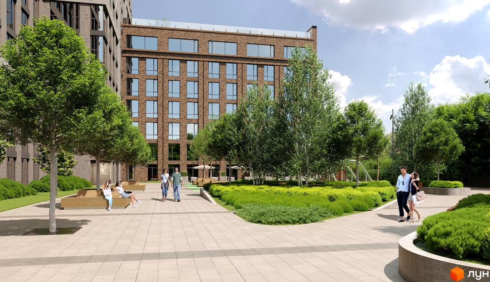 Житловий комплекс MANHATTAN з фасадом з цегли та великими вікнами. Простора прибудинкова територія з зеленими насадженнями та місцями для відпочинку.