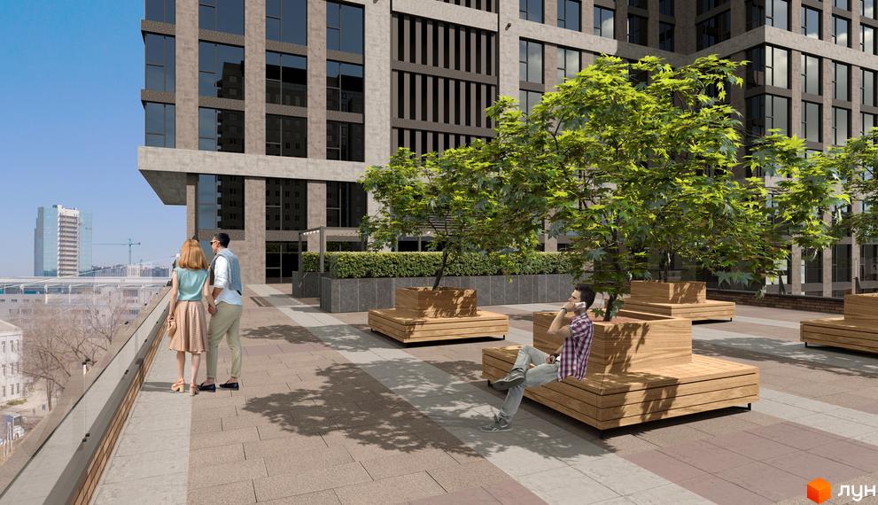 Житловий комплекс MANHATTAN з великими вікнами та терасами. На території комплексу розташовані лави та зелені насадження.