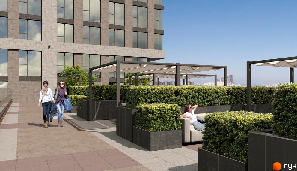 Житловий комплекс MANHATTAN з терасою та зеленими насадженнями. На території комплексу облаштовані зони відпочинку для мешканців.