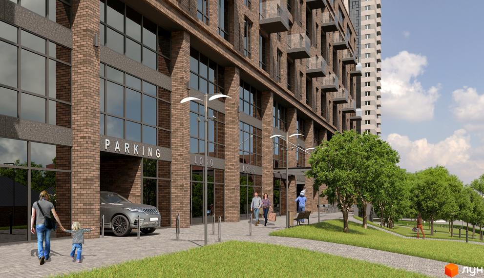 Житловий комплекс MANHATTAN з фасадом з цегли, великими вікнами та входом до паркінгу. На прибудинковій території є зелені насадження та пішохідні доріжки.