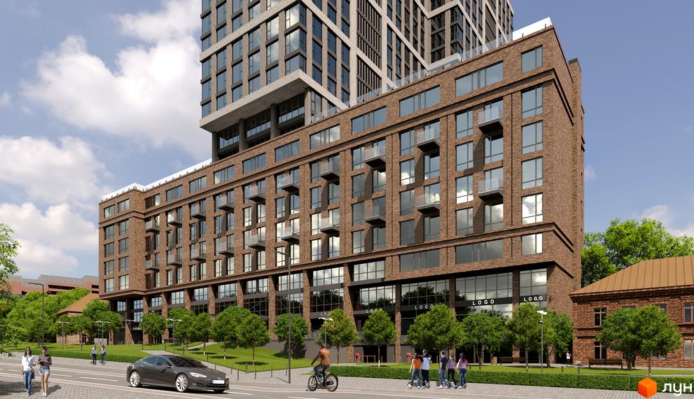 Новобудова ЖК MANHATTAN з цегляним фасадом та скляними балконами. Навколо будинку зелена зона з деревами та тротуар з пішоходами та автомобілем.