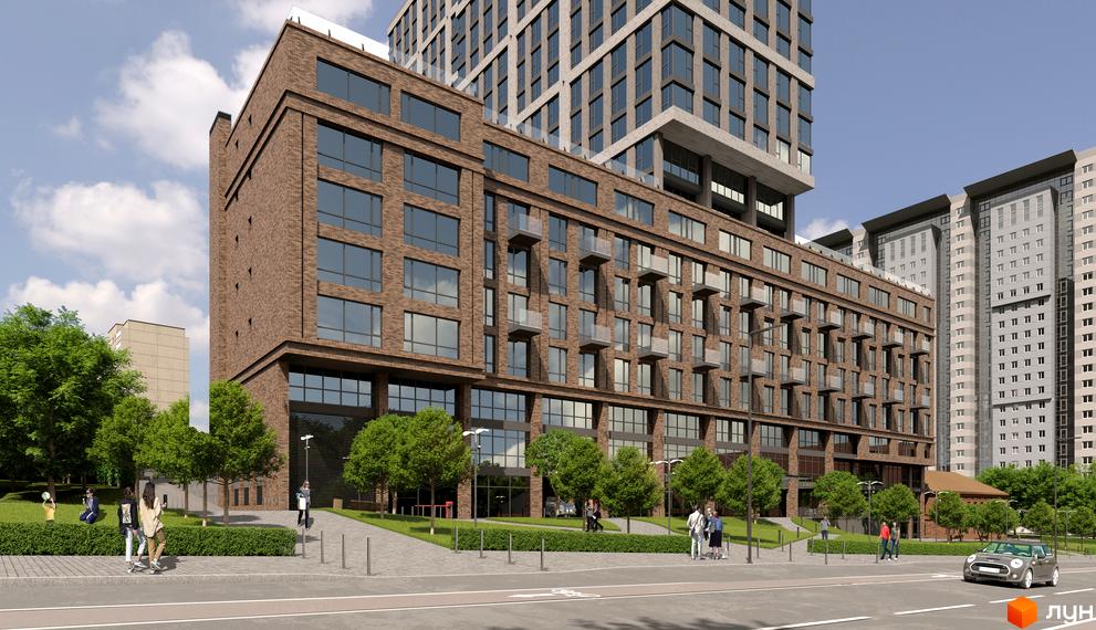 Зовнішній вигляд будинку ЖК MANHATTAN з цегляним фасадом та балконами, зелена прибудинкова територія з деревами та людьми.