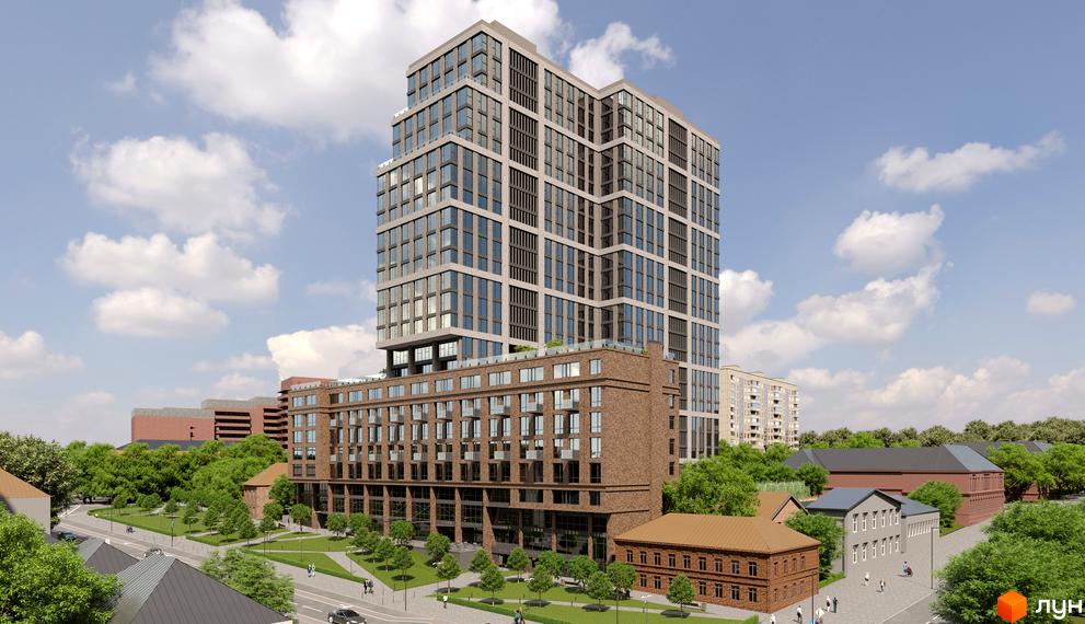 Житловий комплекс MANHATTAN - це висотна будівля з цегляною основою та сучасною фасадною системою, оточена зеленим парком та міською інфраструктурою.