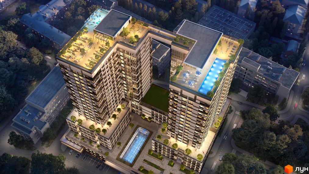 Житловий комплекс High Hills з басейнами на даху та внутрішнім двором з басейном. Сучасна архітектура та зелені зони відпочинку.