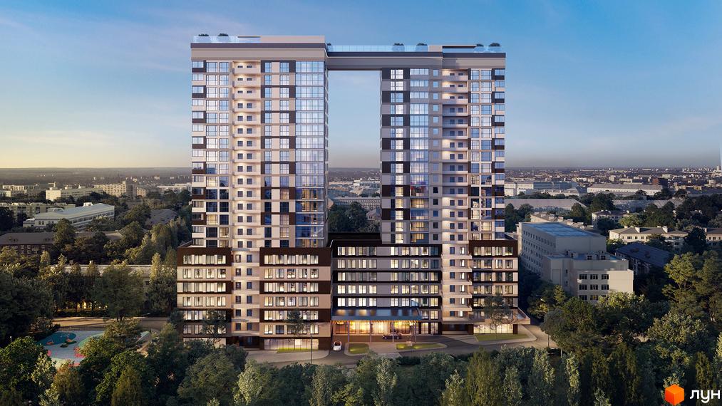 Комплекс High Hills - це дві високі вежі, з'єднані зверху, з численними вікнами та балконами, розташовані серед зелених дерев та міської забудови.