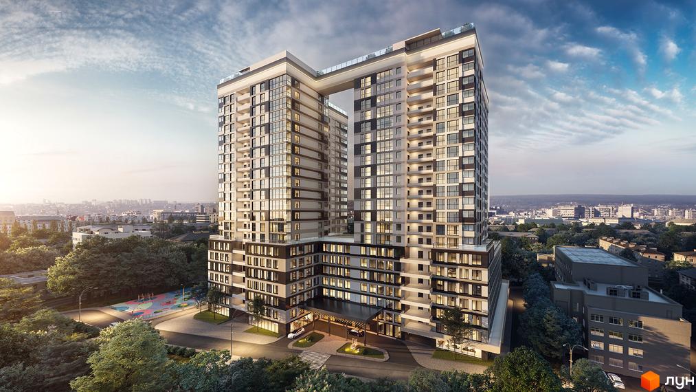 Зовнішній вигляд житлового комплексу High Hills з двома вежами, з'єднаними містком, та прибудинковою територією з дитячим майданчиком.