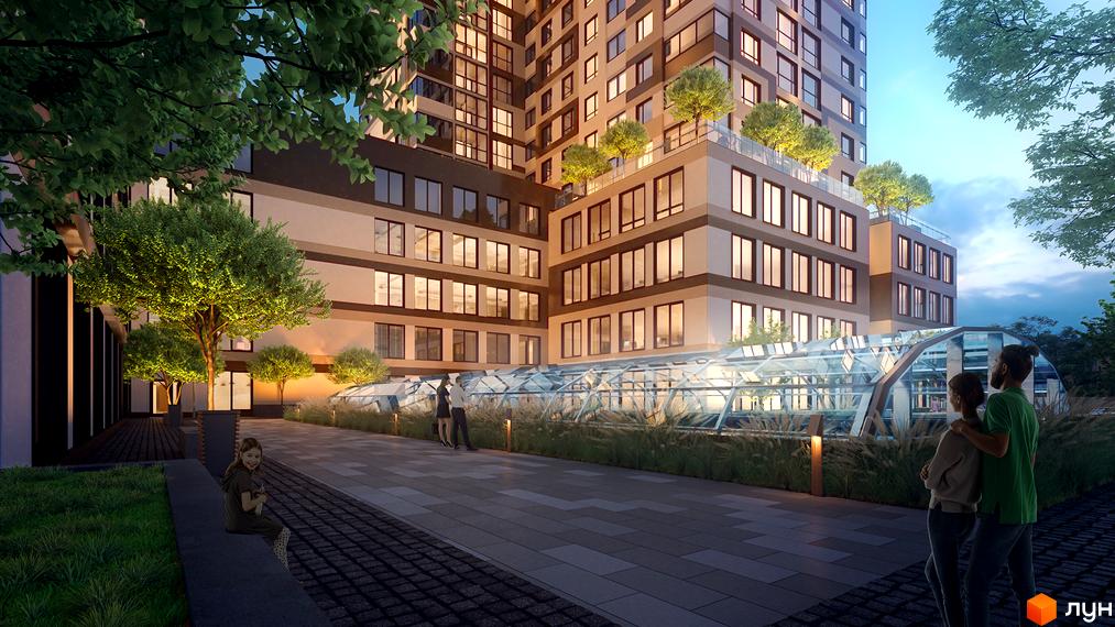 Зовнішній вигляд житлового комплексу High Hills з багатоповерховими будинками та прибудинковою територією з деревами та скляним тунелем. Фото новобудови.