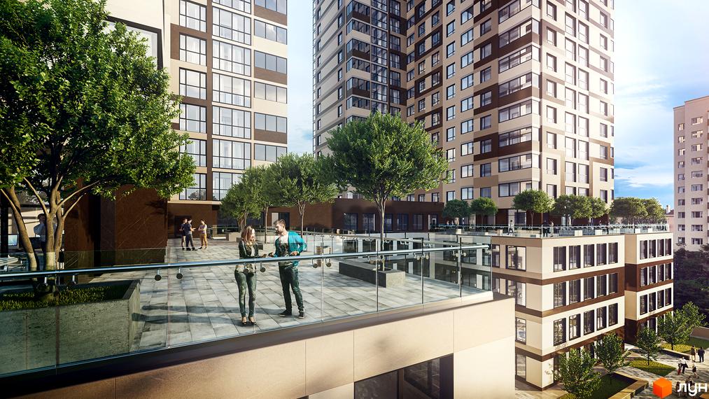 Житловий комплекс High Hills з високими будівлями та зеленою прибудинковою територією. На терасі відпочивають люди.