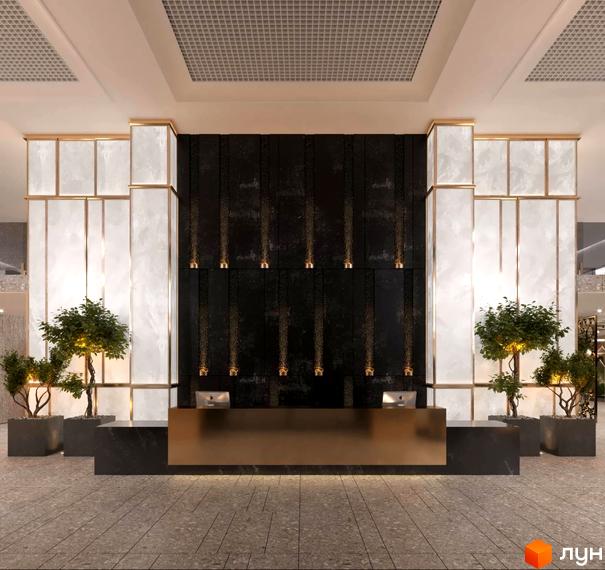 Дизайн рецепції в ЖК High Hills з мармуровими колонами та золотими акцентами. Сучасний простір для зустрічі гостей.