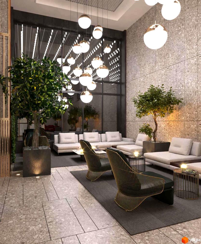 Інтер'єр лобі житлового комплексу High Hills з великими вікнами, рослинами та дизайнерськими меблями. Сучасний простір для відпочинку та зустрічей.