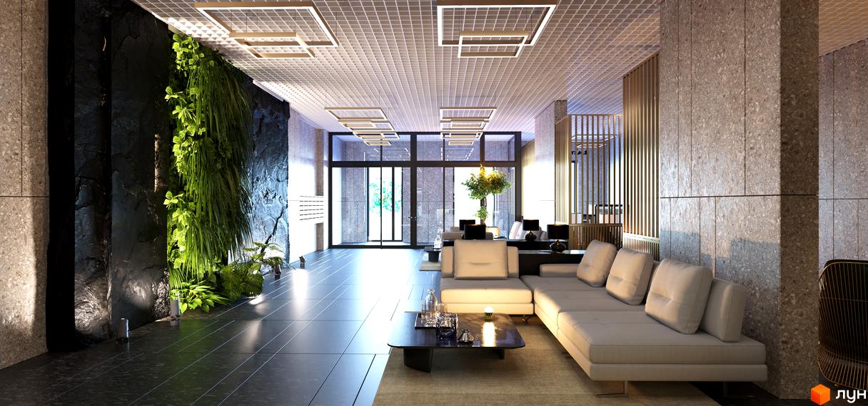 Лобі житлового комплексу High Hills з вертикальним озелененням та зручними диванами. Сучасний дизайн інтер'єру з кам'яними елементами та підвісною стелею.
