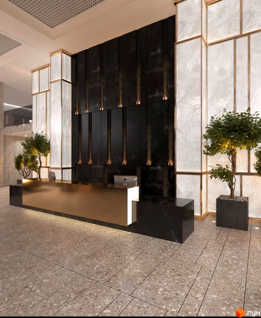 Інтер'єр лобі ЖК High Hills: стильна рецепція з мармуровим оздобленням та рослинами. Сучасний дизайн та високоякісні матеріали створюють затишну атмосферу.