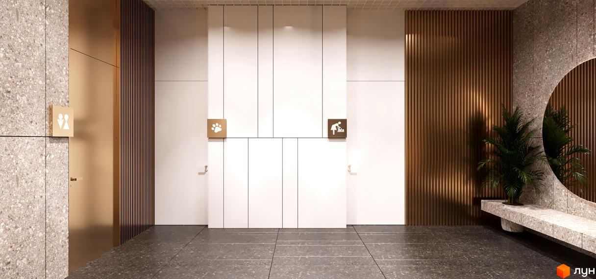 Дизайн інтер'єру житлового комплексу High Hills з вказівниками на двері та рослиною біля дзеркала.