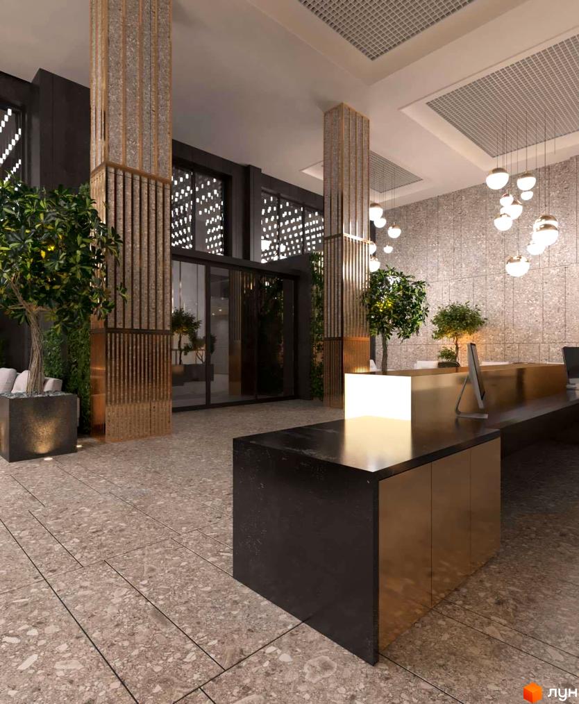 Сучасний хол житлового комплексу High Hills з елементами дизайну в стилі лофт, великими вікнами та зеленими рослинами.