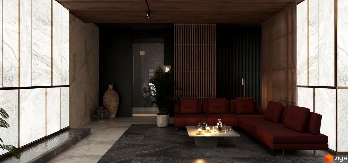 Інтер'єр вітальні житлового комплексу High Hills з червоним диваном та кавовим столиком. Дизайн інтер'єру виконаний у темних тонах з акцентами на мармурові панелі та дерев'яні елементи.