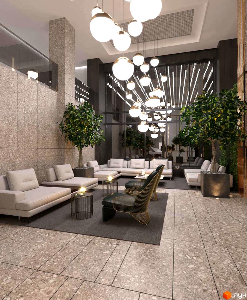 Інтер'єр холу житлового комплексу High Hills з диванами, кріслами та рослинами. Сучасний дизайн з великою кількістю освітлення.