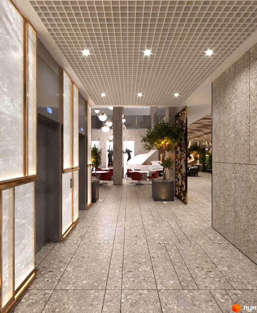 Інтер'єр холу житлового комплексу High Hills з елегантними ліфтами, мармуровими панелями та сучасною зоною відпочинку з роялем та деревом.