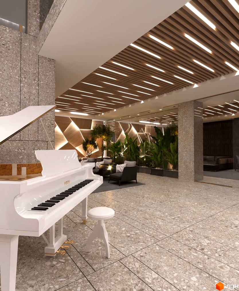 Білий рояль у просторому холі з великою кількістю зелені та дерев'яними елементами на стелі. Сучасний дизайн інтер'єру ЖК High Hills.