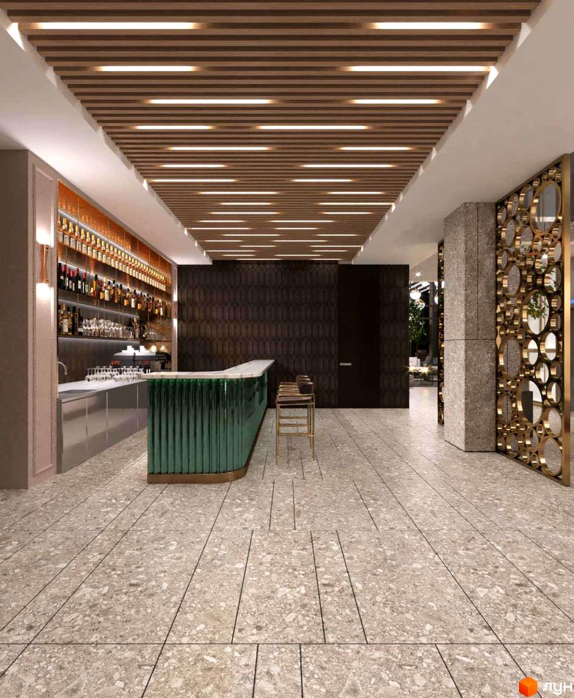 Інтер'єр бару в житловому комплексі High Hills з зеленою барною стійкою та дерев'яною стелею з підсвіткою. Підлога оздоблена terrazzo.