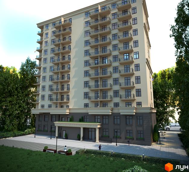 Клубний будинок „Аполлон на Карантинній“ з численними балконами та прибудинковою територією з зеленими насадженнями та місцями для відпочинку.