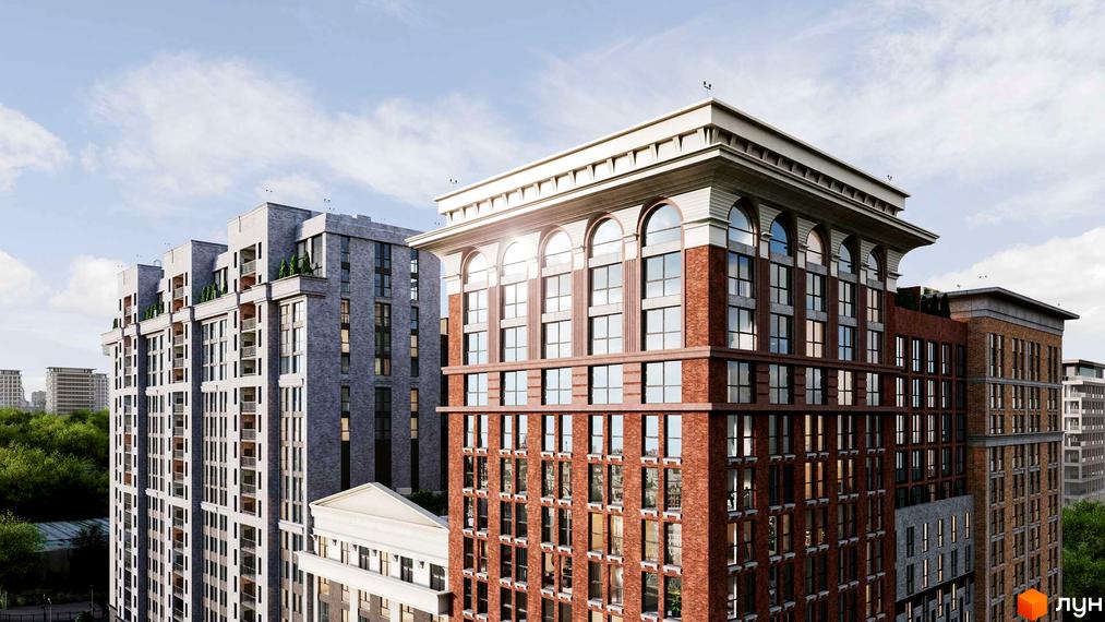 Житловий комплекс Stanford. Висотна будівля з червоної цегли з великими вікнами. На даху будівлі розташовані архітектурні елементи.