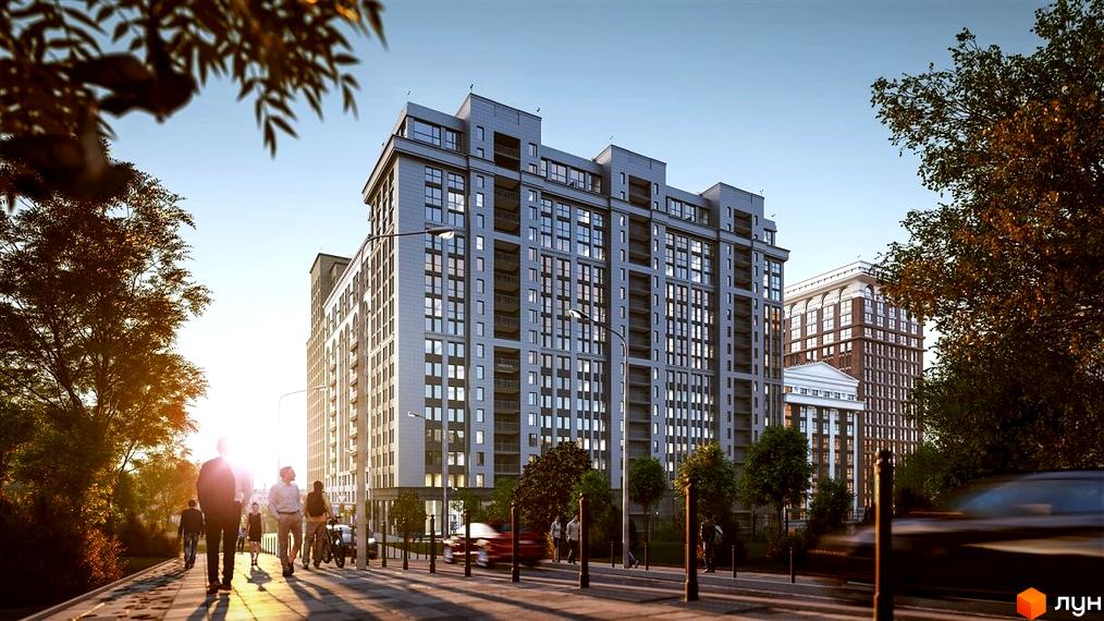 Зображення фасаду Житлового комплексу Stanford. Багатоповерхова будівля з великою кількістю вікон та балконів, поруч тротуар з пішоходами.