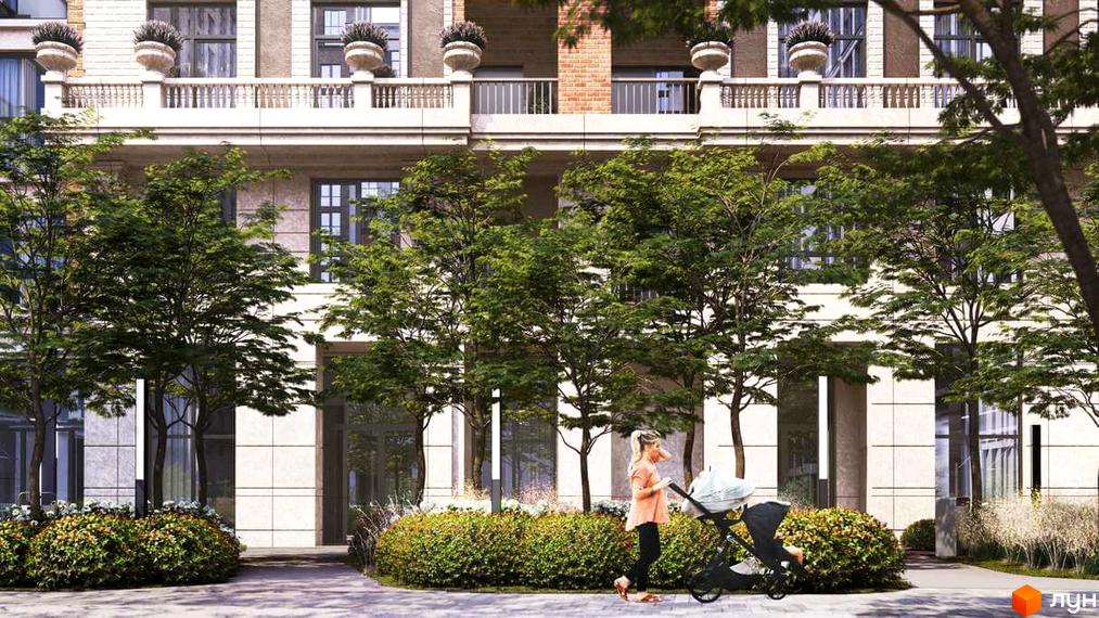 Зображення фасаду будинку в Житловому комплексі Stanford. На передньому плані зелені насадження та тротуарна доріжка.