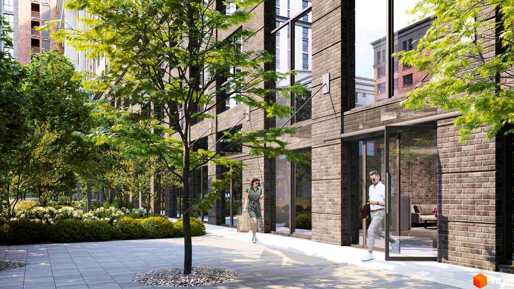 Зображення фасаду та прибудинкової території Житлового комплексу Stanford. Цегляна будівля з великими вікнами, озеленена територія з деревами та тротуаром.