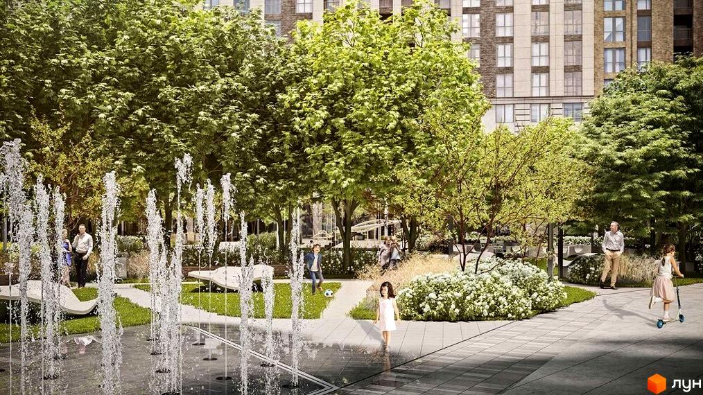 Житловий комплекс Stanford: архітектура з використанням світлих відтінків. На території комплексу розташовані фонтани, зелені насадження та дитячий майданчик.