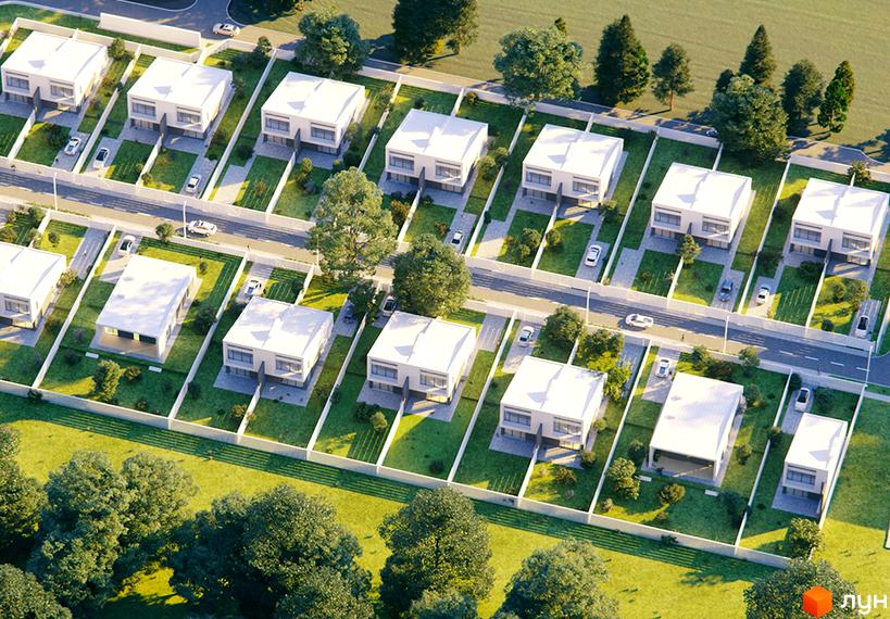 Котеджне містечко КМ EVO country club: акуратні білі будинки з пласкими дахами та великими вікнами, розташовані на доглянутих ділянках із зеленими газонами та деревами.