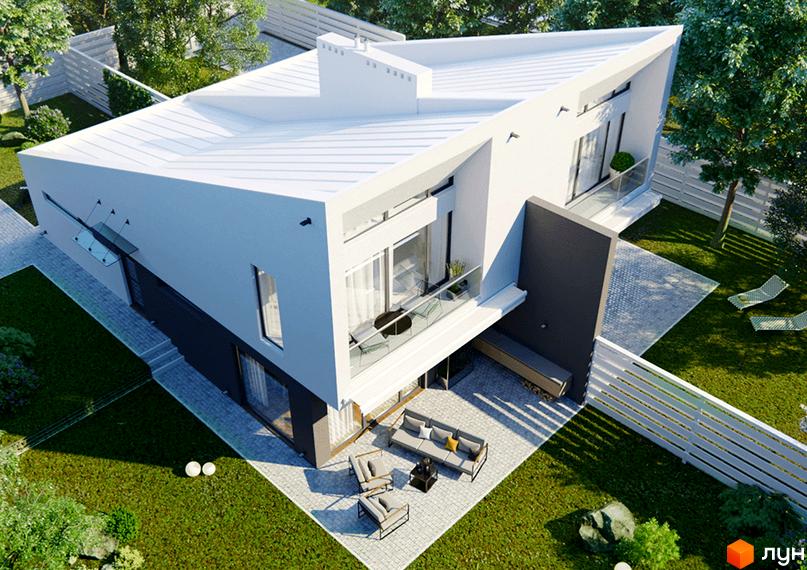 Котеджне містечко КМ EVO country club - двоповерховий будинок з білою фасадною системою та великими вікнами, на прибудинковій території розташовані тераса з меблями та зелений газон.