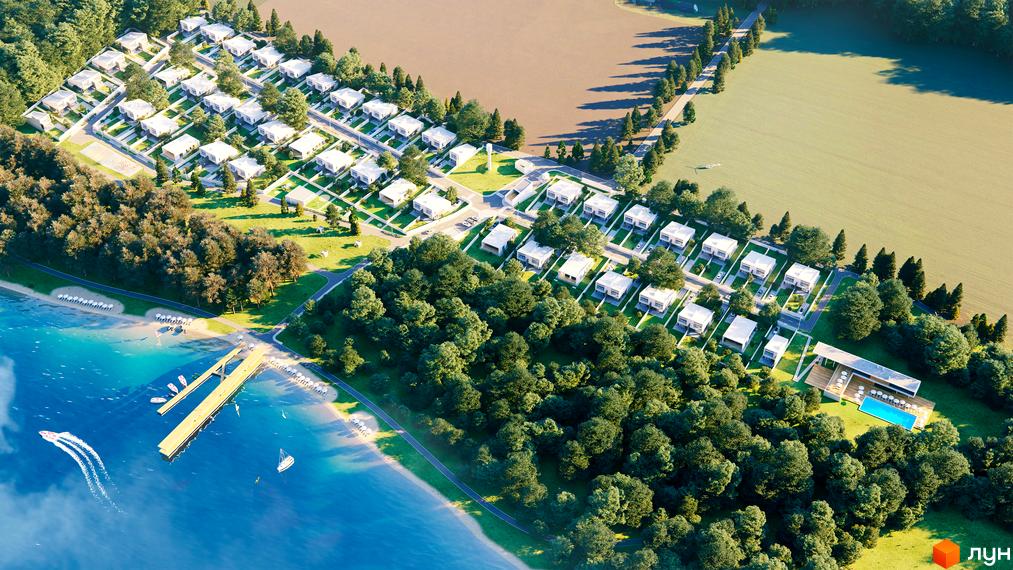 Котеджне містечко КМ EVO country club з білими будинками та басейном на березі озера. На території комплексу є пірс, пляж та зелені зони.