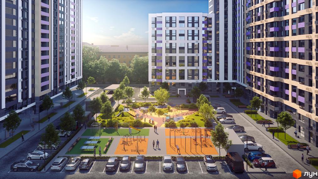 Житловий комплекс OK'LAND: багатоповерхові будинки з білими, сірими та бежевими фасадами, фіолетовими балконами. Двір облаштований дитячим та спортивним майданчиками, парковкою.