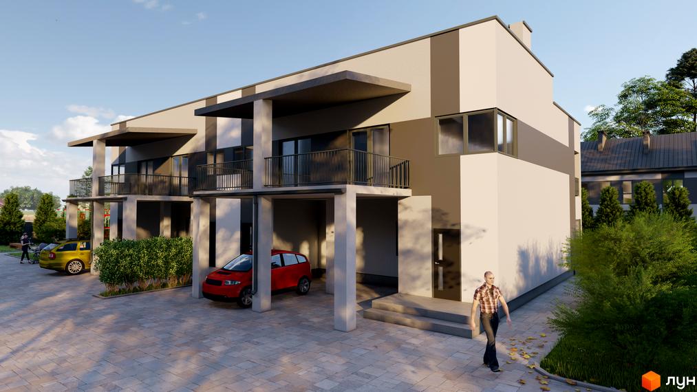 Зовнішній вигляд таунхаусів „Мій Дім“ з балконами та навісами, прибудинкова територія з автомобілями та зеленими насадженнями.