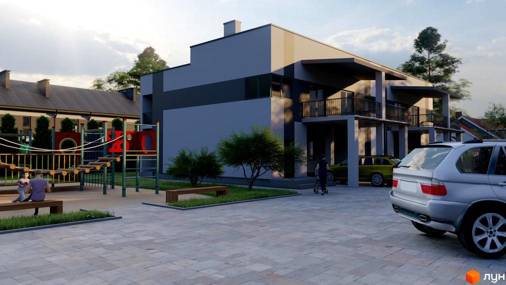 Зовнішній вигляд таунхаусів „Мій Дім“ з дитячим майданчиком та автомобілями на парковці. Сучасна архітектура новобудови та доглянута прибудинкова територія.