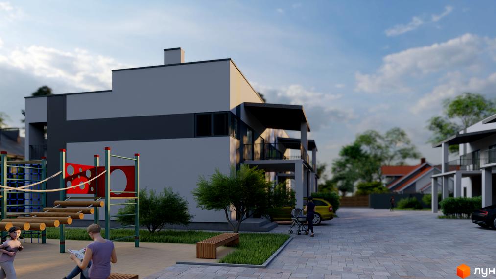 Таунхауси „Мій Дім“: сірі фасади з темними акцентами, балкони, дитячий майданчик та парковка. Затишна прибудинкова територія з лавкою та деревами.