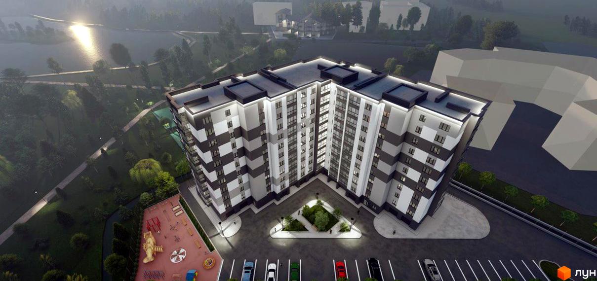 Житловий комплекс OZERO – це сучасна новобудова з виразним фасадом та облаштованою прибудинковою територією, що включає дитячий майданчик та зони відпочинку.