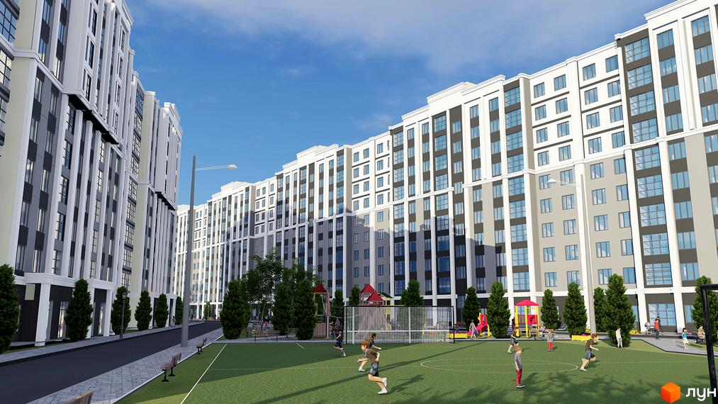 Житловий комплекс Затишний - це сучасна новобудова з вишуканим фасадом та просторим подвір'ям, де розташований дитячий майданчик та футбольне поле.