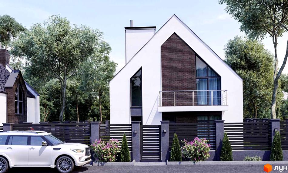 Котеджне містечко КМ Лісове: двоповерховий будинок з білою фасадною штукатуркою, цегляними вставками та великими вікнами, огороджена територія з парканом та зеленими насадженнями.