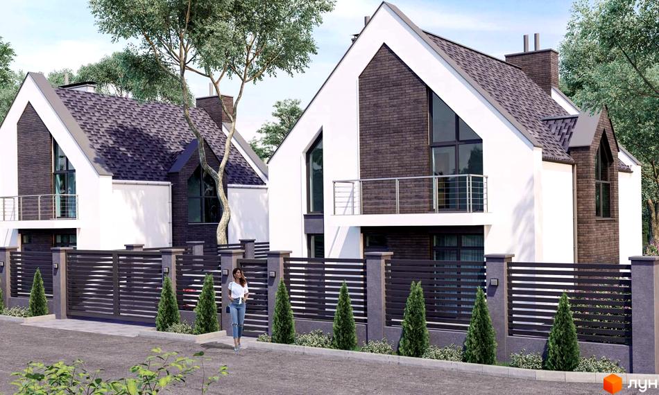 Котеджне містечко КМ Лісове: двоповерхові будинки з двосхилими дахами та великими вікнами, огороджена територія з парканом та зеленими насадженнями.